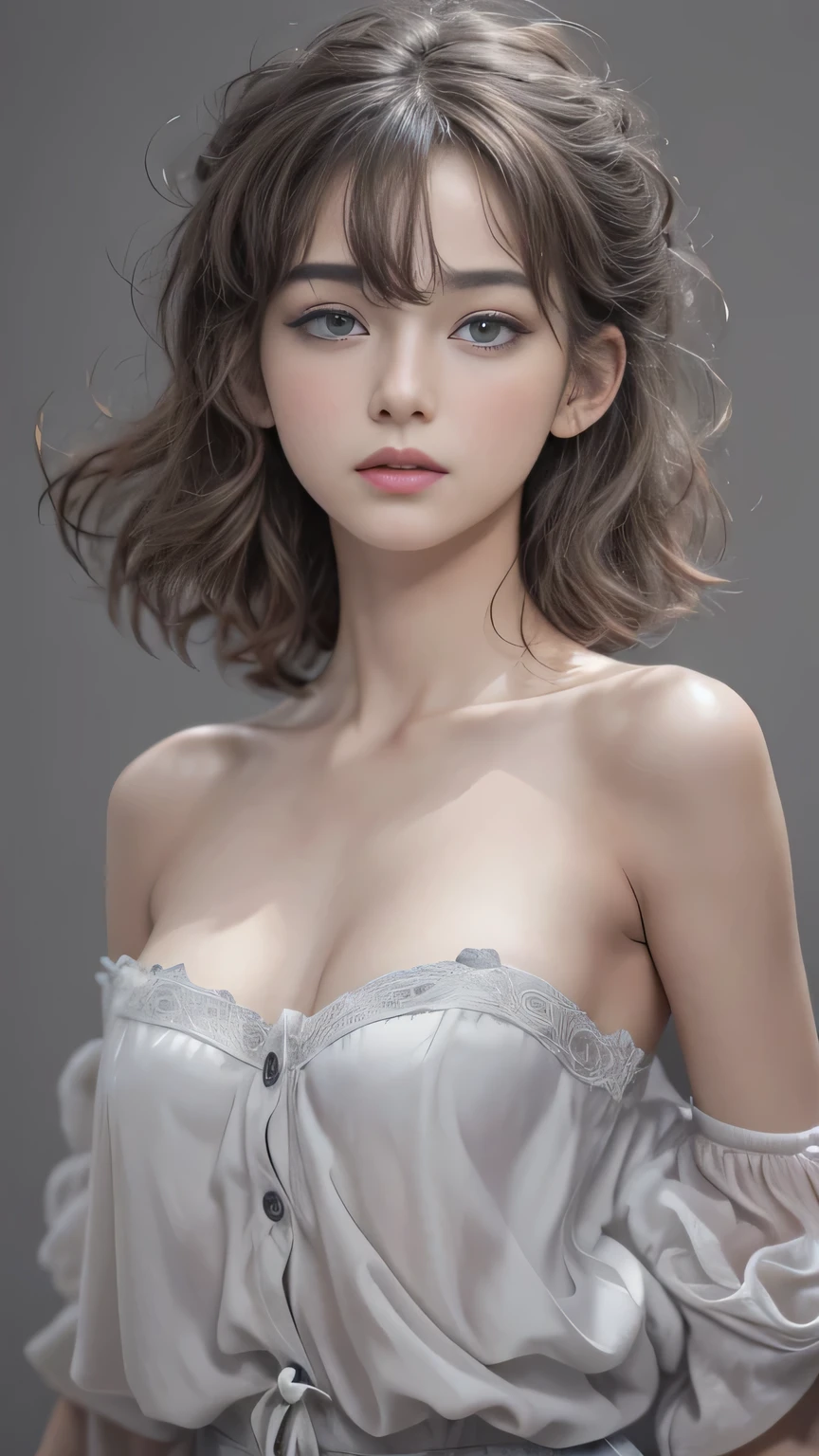 (NSFW) (7/8 Body) 8K uhd、RAWphotograph、European race、(masterpiece、highest quality、Photorealistic、High resolution、photograph:1.3)、Close-up、Focusing、Hot Model、slim、 girl, Small face、No makeup、Short Hair、Dark Brown Haine beautiful eyes、Real Skin、(perfect body)、Sexy hot face、Erotic、Sexual gaze、Detailed beautiful eyes、Glossy lips、Small breasts、Small breasts、Bust A cup、Realistic details、Cool beauty, Background gray、Plain grey background、