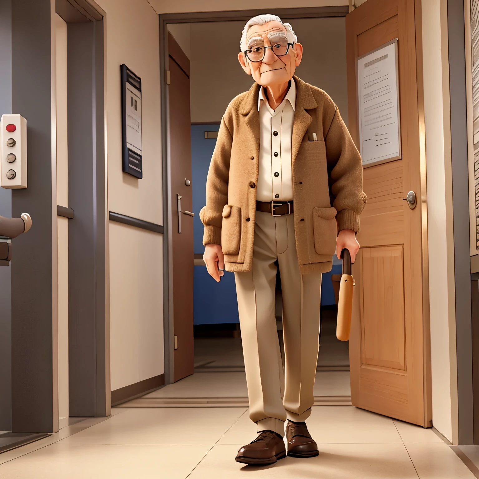 Elderly man walking towards the door of a hospital holding a cane