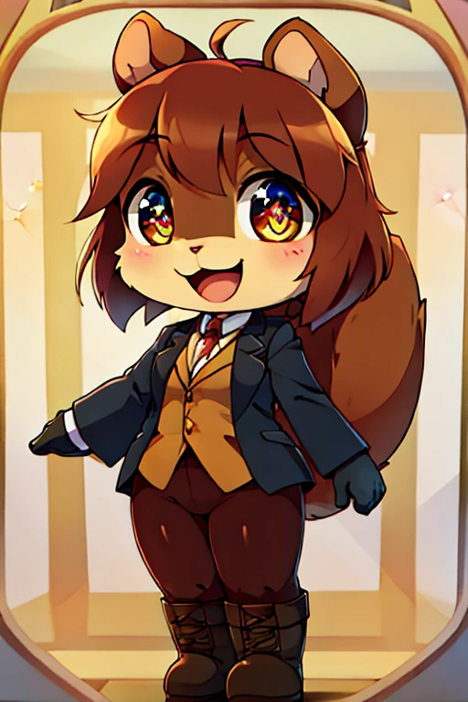 boy, squirrel, furry, bodyfur, blazer, bottomless, tights, gloves, boots, chibi, happy, sparkling eyes, train