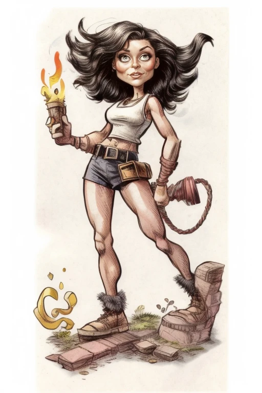 old book style ink illustration, on parchment, ink splashes, ink stains, ink smears, faded ink,close-up, impactful color paint of cute drawing of treasure hunter lara croft , stepping cautiously into the shadows of the ancient ruin, their torches casting eerie glows upon the crumbling walls adorned with hieroglyphs and forgotten symbols, highly detailed,, languid, otherworldly color ink drawing 