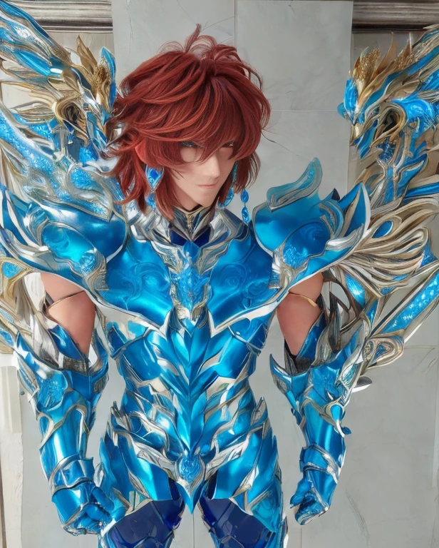 a boy with a blue suit, dragon inspired blue armor, inspired by Matsumura Goshun, greek god in mecha style, saint seiya, blue and ice silver color armor, inspired by Zoltan Boros, blue armor, inspired by Jean Xceron, inspired by Ikuo Hirayama, photo realistic 4k