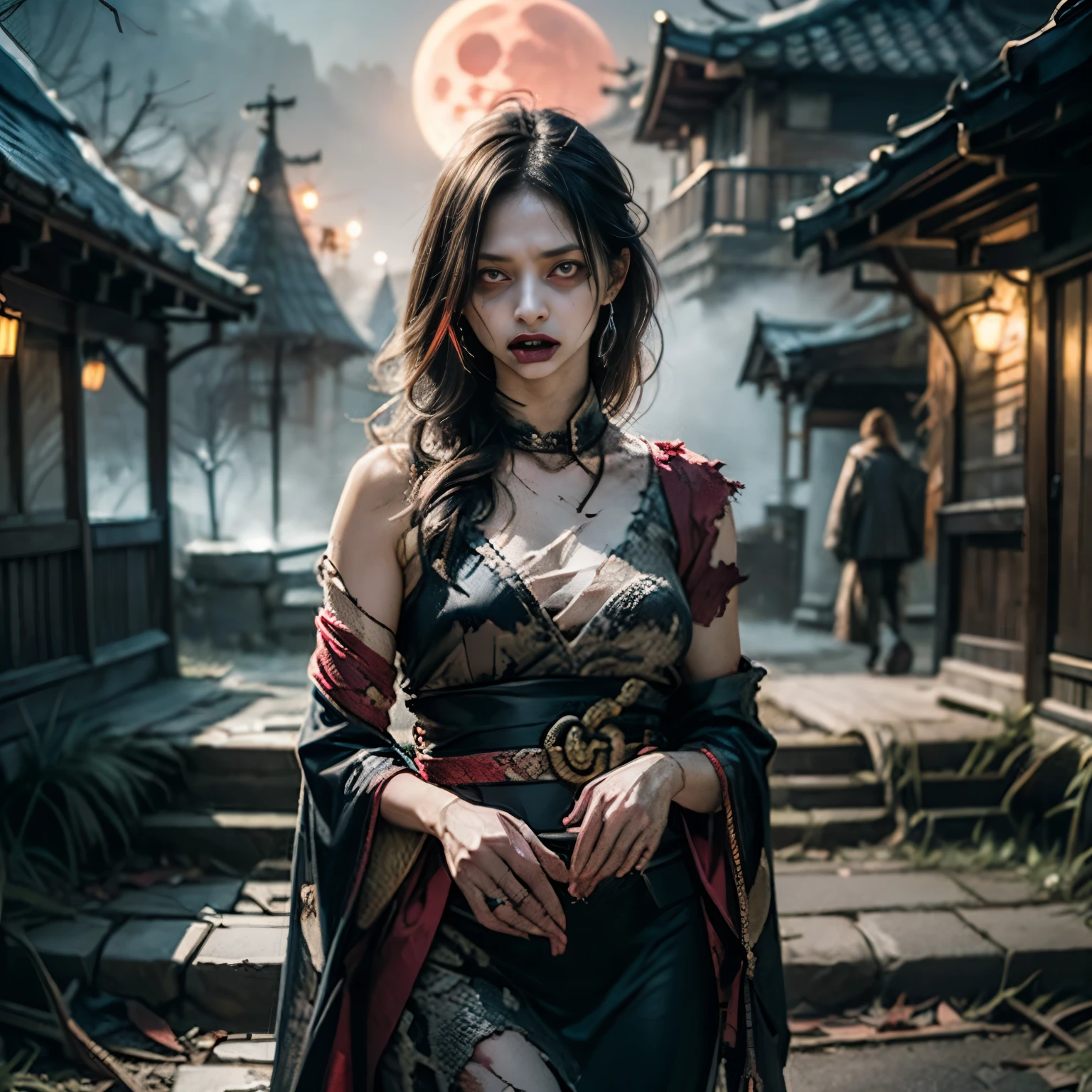 (best quality,4k,8k,highres,masterpiece:1.2),ultra-detailed,(realistic,photorealistic,photo-realistic:1.37),haunting,ghostly,gruesome,elongated face, (glowing red eyes:1.45), (torn mouth:1.45), (snake-like long tongue:1.45), ethereal, supernatural, dark atmosphere, eerie, pale complexion, flowing translucent gown, abandoned castle, murky fog, moonlit night, haunting presence, chilling aura, hair floating in the air, decaying surroundings, tortured spirits, somber ambiance, intense emotions, twisted limbs, unsettling presence