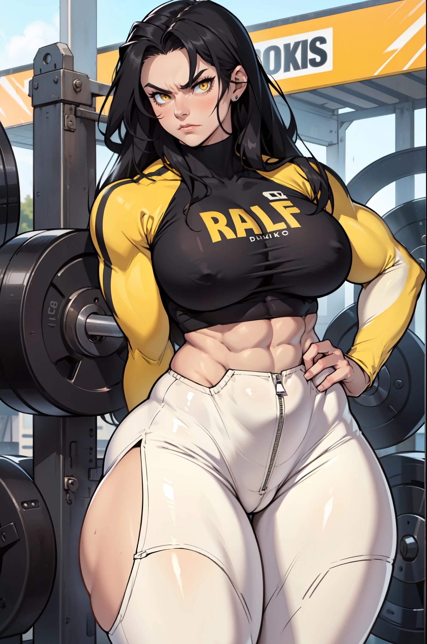 solo, 1 girl, (very long hair), black hair, angry, yellow eyes pale skin (wide hips thick thighs curvy muscular toned body bodybuilder huge ) longsleeve skintight