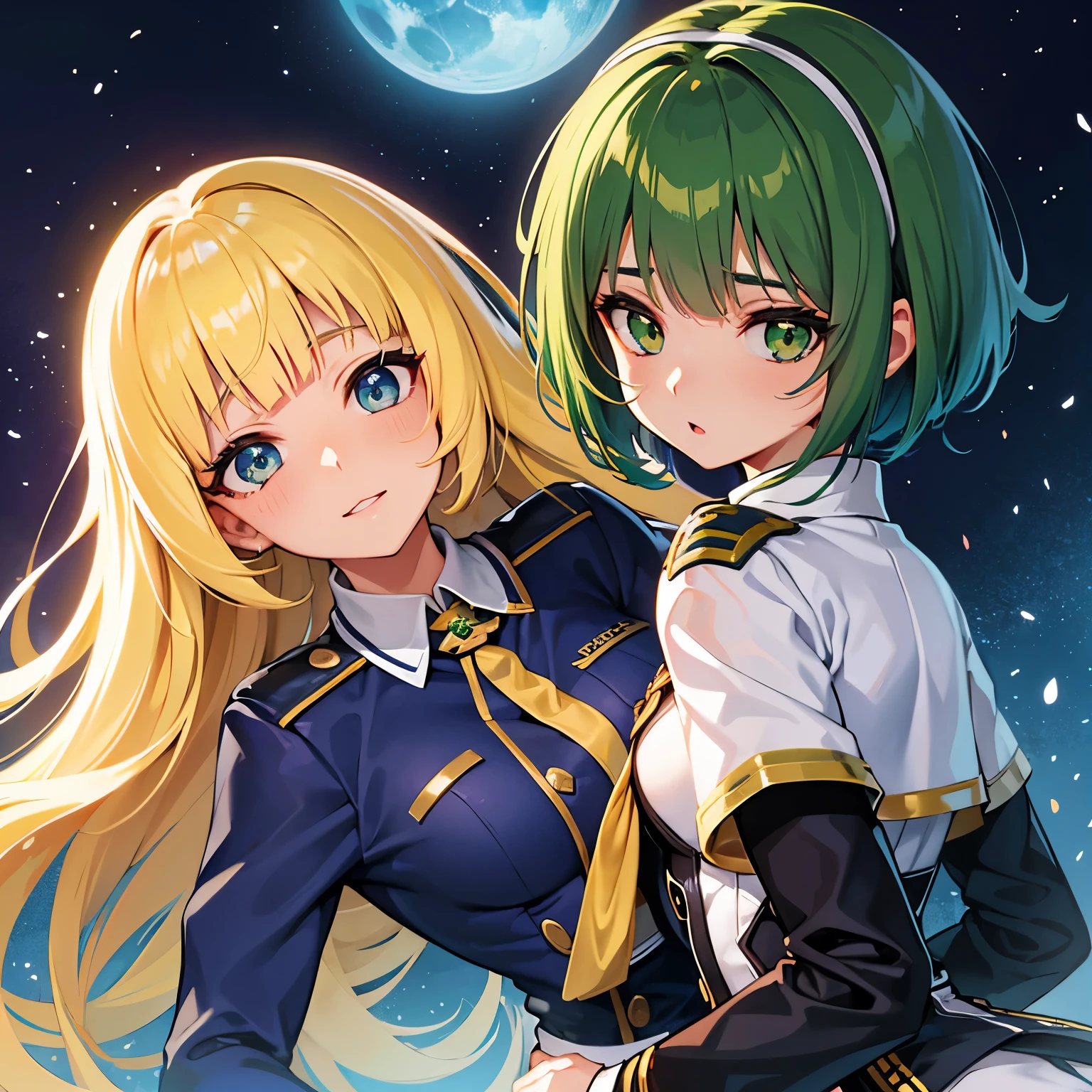 Uma garota de anime, pele branca, com uniforme militar feminino, olhos verdes e pequenos, cabelos pretos grandes e lisos com uma franja.