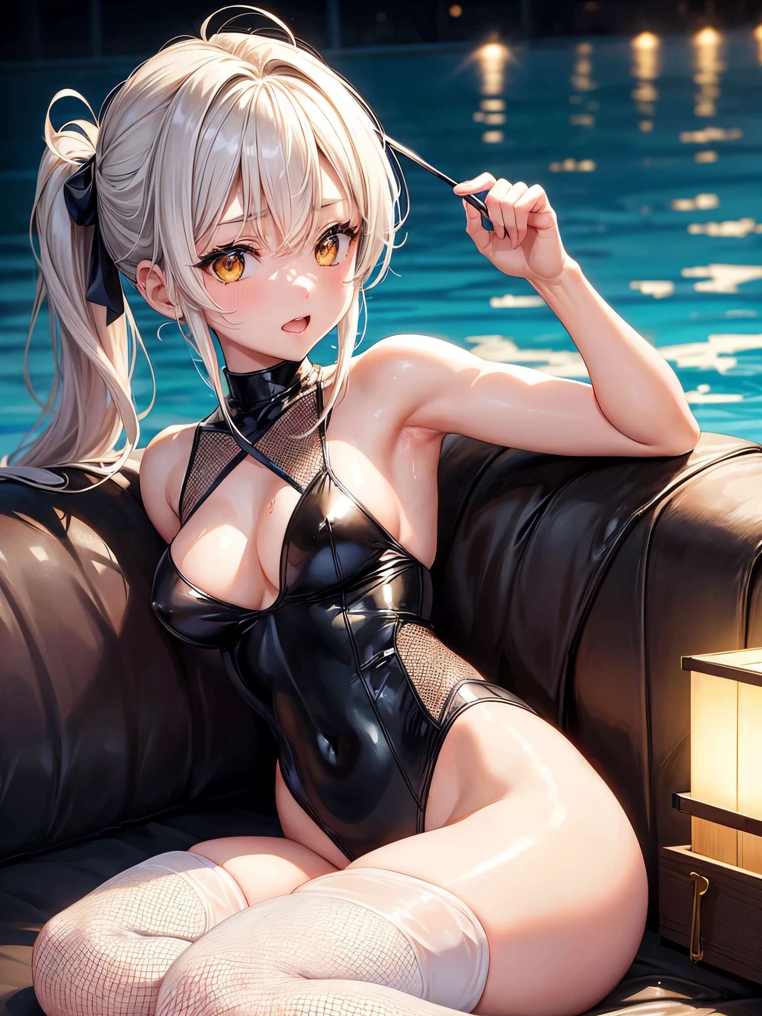 (highest quality)), ((masterpiece)), (Familiar), Perfect Face,Shiny skin,Beautiful breasts,how,Shiny skin、Kyoto Animation style painting、Golden Eyes、Sunburned skin、night、Squat、Half Up Ponytail、Lying on your back、Leg spread、Leaning on the sofa、whole body　Sweat、Off the shoulder、Fishnet tights、White sexy leotard、Sweaty、Open your mouth、Double teeth、Splash、fog、illumination、Night Pool、cream hair color、Side Pony
、Medium Hair、The whole body is covered in a thick, cloudy .、