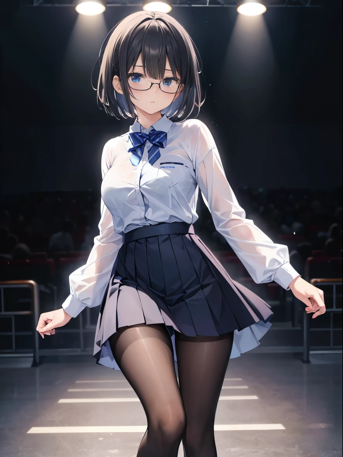 (8k、RAW Photosgraphy、highest quality、masterpiece:1.2),Staring at the audience,Viewed from the front,Long Bob Cut,strong,Muchimuchi,erotic,student,Light green Bra,White skin,knees,(Black Pantyhose),Absurd,Small Face,,Very large breasts,Big Breasts、前hairを真ん中から分ける、The forehead is visible,(Cold look,eyeを細めて,Glare,strong,skinny,Sanding,Rage)、masterpiece,highest quality、超A high resolution,RAW Photos,Len,Beautiful poop,one person, solo,Glasses,,Dark look,whole body,Round Glasses、cute、Back to Students,JK ,high school girl,Japanese women,standing,(Photorealistic:1.37)、Photon Mapping,Realistic、cute顔,茶色のeye、Black socks、(Red bow tie)、Radio City、物理ベースLenダリング、prospect、Depth of written boundary、Blurred Background、picture,Girls、body,Beautiful feet, Long legs, Thin legs,Tie your hair into one strand on your chest,(前hairが見える), hair, Lips, green_eye, Nose Soft,(Light blue shirt), (Navy, blue and white checkered pleated skirt), kneesが見える,See-through clothing,, thigh, black cotton socks,Nogizaka Idol, , Japanese Ido