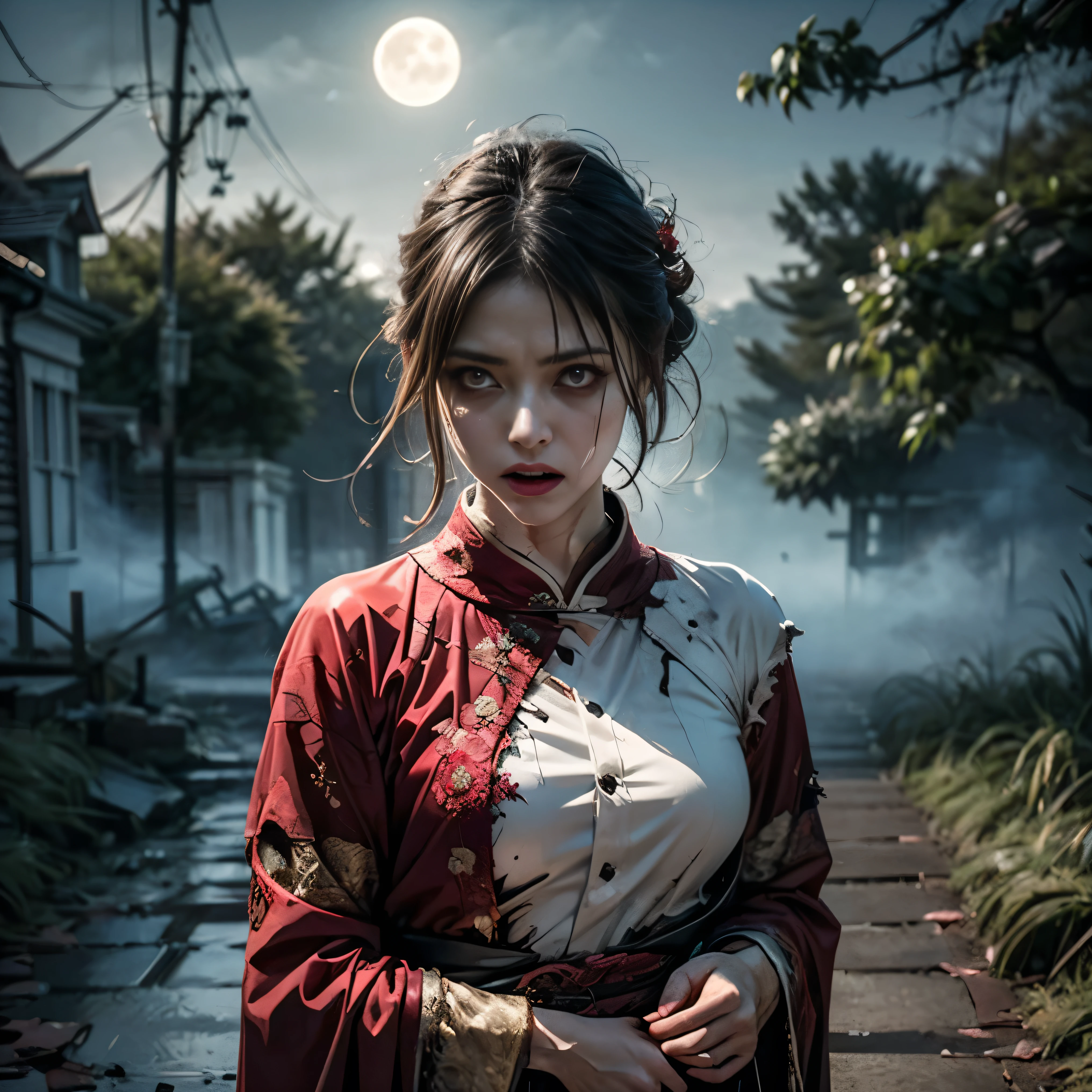 (highest quality、4k、8k、High resolution、masterpiece: 1.2)、Super detailed、(Real、Photorealistic、Photorealistic: 1.37)、Unforgettable、Ghostly、Disastrous、Long and narrow face、(Glowing red eyes: 1.45)、(Torn Mouth:1.45)、(Sticking out its long tongue to explore the surroundings:1.45)、Ethereal、Supernatural、Dark atmosphere、Creepy、Pale skin、Flowing translucent gown、Abandoned castle、Muddy fog、Moonlit Night、Unforgettable existence、Cold Aura、Air floating in your hair、Decaying Environment、Tormented Spirit、Gloomy atmosphere、Intense emotions、twisted limbs、A disturbing presence