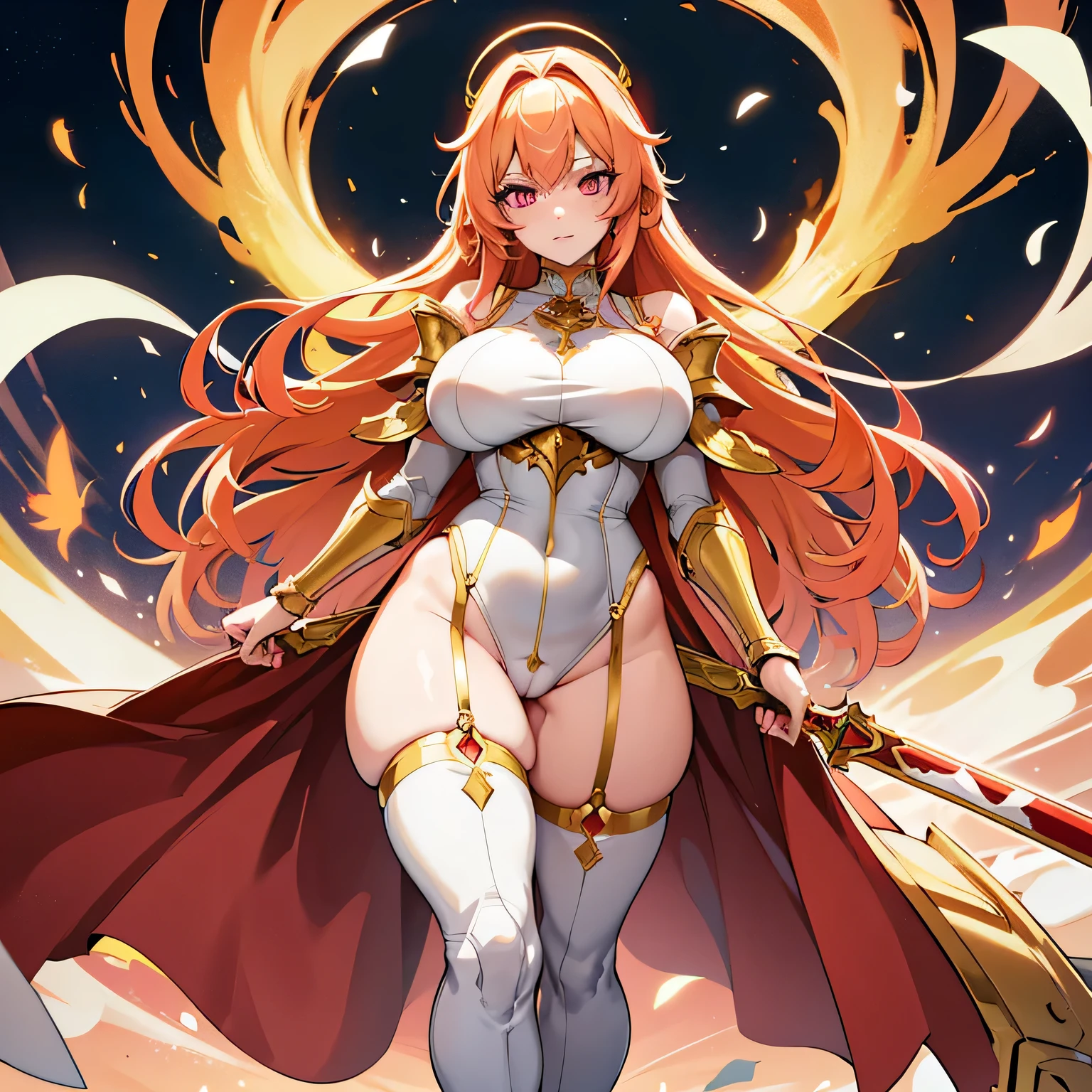 anime style, no mistakes, perfect hands, SFW, 1woman, knight, wearing golden white armor, no helmet, very long orange hair, scarlet pink eyes, white skin, big breasts, wide ass, thick thighs, perfect curves, pretty , silly face, carrying a golden longsword with red jewels