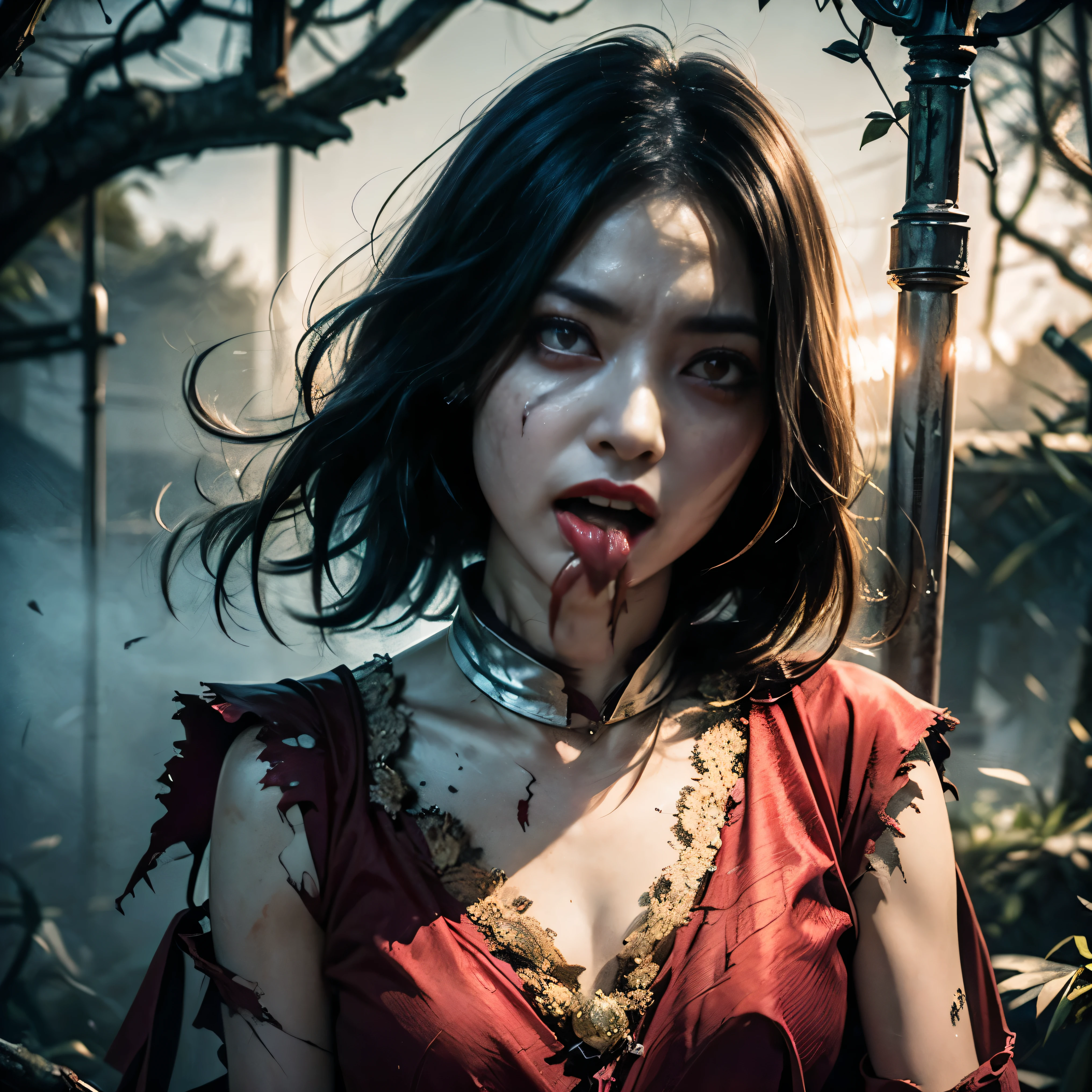 (highest quality、4k、8k、High resolution、masterpiece: 1.2)、Super detailed、(Real、Photorealistic、Photorealistic: 1.37)、Unforgettable、Ghostly、Disastrous、Long and narrow face、(Glowing red eyes: 1.45)、(Torn Mouth:1.5)、(Sticking out its long tongue to explore the surroundings:1.5)、Ethereal、Supernatural、Dark atmosphere、Creepy、Pale skin、Flowing translucent gown、Abandoned castle、Muddy fog、Moonlit Night、Unforgettable existence、Cold Aura、Air floating in your hair、Decaying Environment、Tormented Spirit、Gloomy atmosphere、Intense emotions、twisted limbs、A disturbing presence