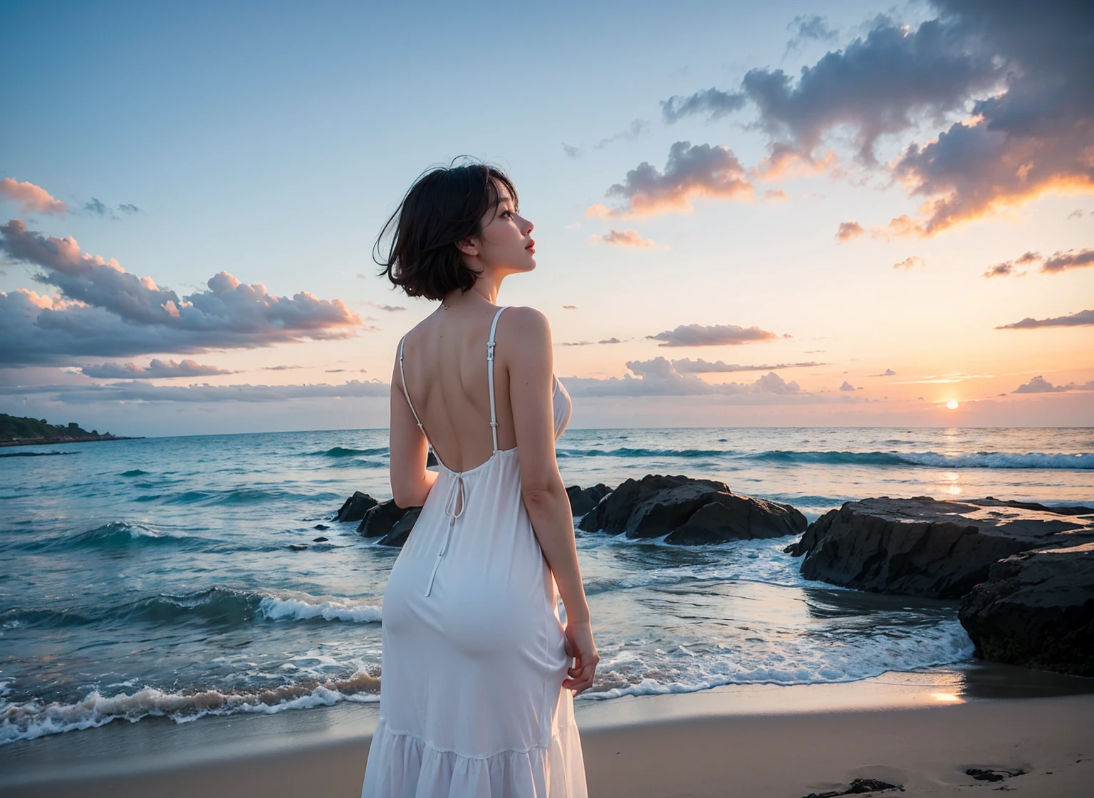 Ultra-detailed,Vast landscape photography, Girl standing on the beach looking up at the sky, White Dress, Stretch your back, cloud, Ocean, blue sky, From below,