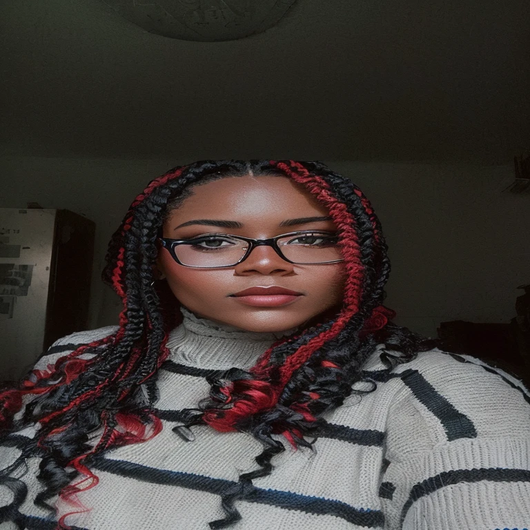 Da ist eine Frau mit roten und schwarzen Haaren und einer Brille, Foto einer schwarzen Frau, Box Braids, black hair in braids, Half portrait, mittlere Close-up portrait, Profilbild, Shades of red and black, Shades of black and red, high quality portrait, Frontalaufnahme, junge schwarze Frau, Close-up portrait, Close-up portrait, inspired by Theo Constanté