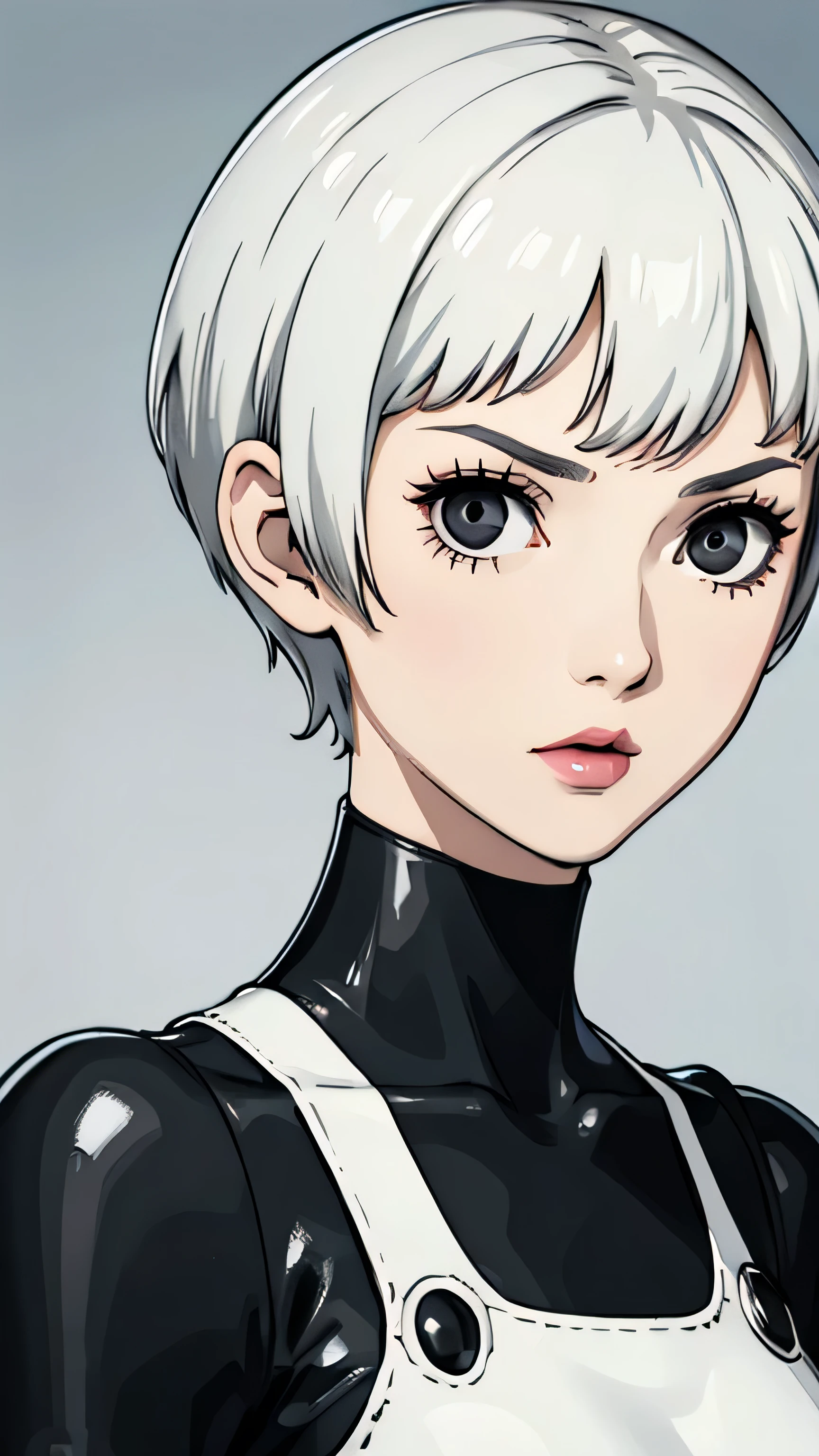1girl, serious face, lipstick, very Short hair, white hair, black eyes, portrait, Pixie hair cut, battle suit, black choker,