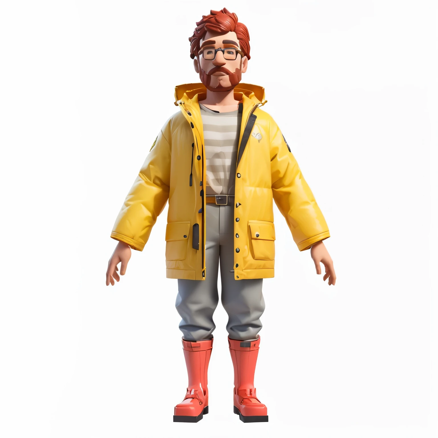 um close de uma figura de brinquedo de um homem vestindo uma capa de chuva amarela, Personagem 3D, personagem 3D, personagem de corpo inteiro, personagem 3D render, design de personagens da Aardman, personagem 3D concept, personagem completo, retrato de corpo inteiro do personagem, animation character, personagem de corpo inteiro portrait, personagem estilizado, full body unique character, Stylized 3D rendering