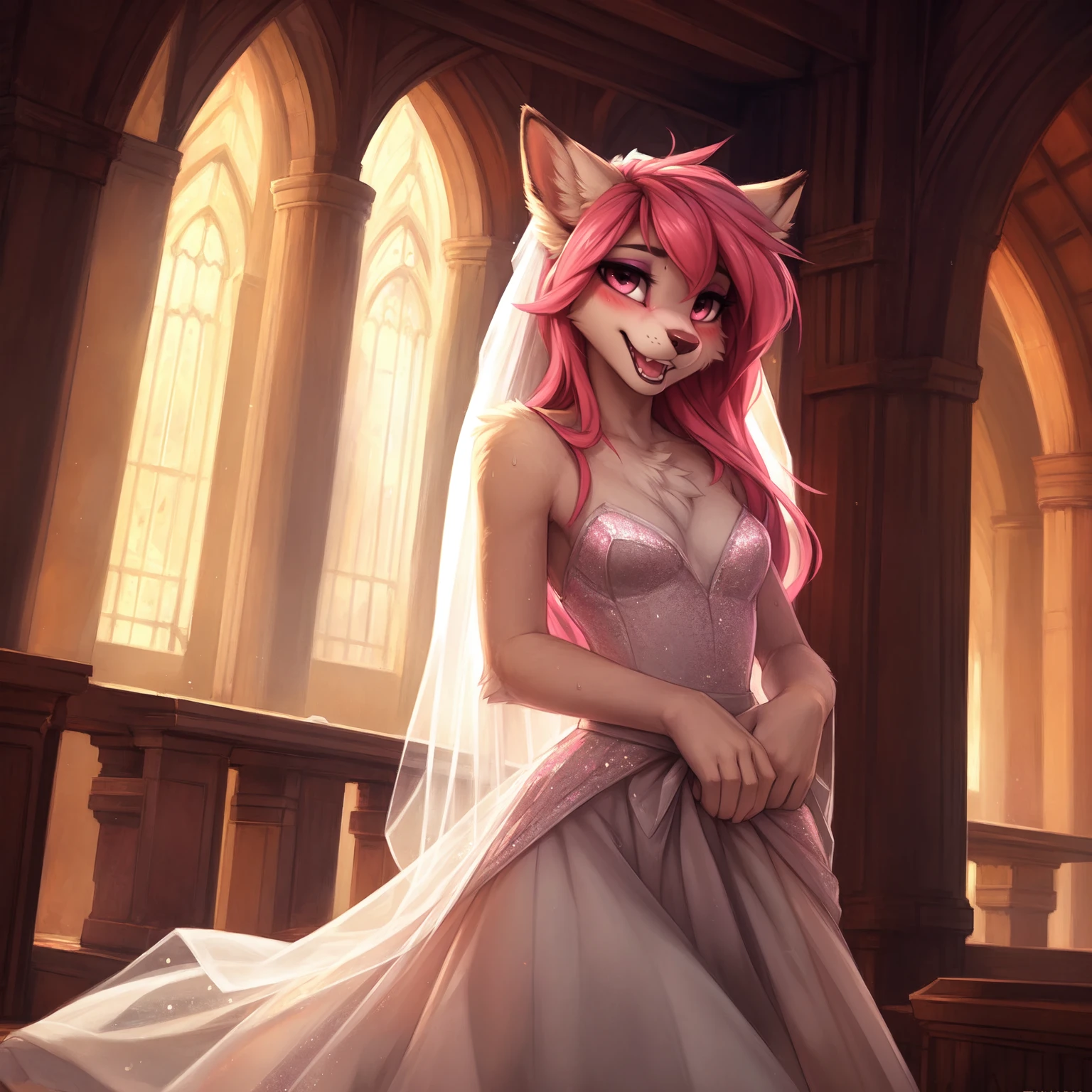 by kenket, Ross Tran, ruan jia, zaush, foxovh, by Zackary911, by hyattlen, by teranen, by fumiko, by Pixelsketcher, by Bayard Wu, by Thomas Benjamin Kennington, by Einshelm, by Kilinah, by Coffeesoda, by Hioshiru, by fluff-kevlar, bye r-mk, by Dimwitdog, Furry, Anthro, long hair, ((small)), ((male)), ((twink)), (long pink hair), ((white fur)), feminine hair, girly haircut, Full Body, (()), cinematic lighting, ((fluffy tail)), ((blushing)), detailed open mouth, detailed canine teeth, (smiling), (shy) girly hips, girly hips, (view from front), looking at viewer, sweat, skimpy (white tight wedding dress), (small bulge), solo, (wedding ceremony), white marbel, church, sexually suggestive, ((solo)), (makeup), (pink glittering eyeshadow), eyeliner, pink lipstick, pink eyes, long eyelashes, flat chest, looking at viewer, flat chest, full body shot,