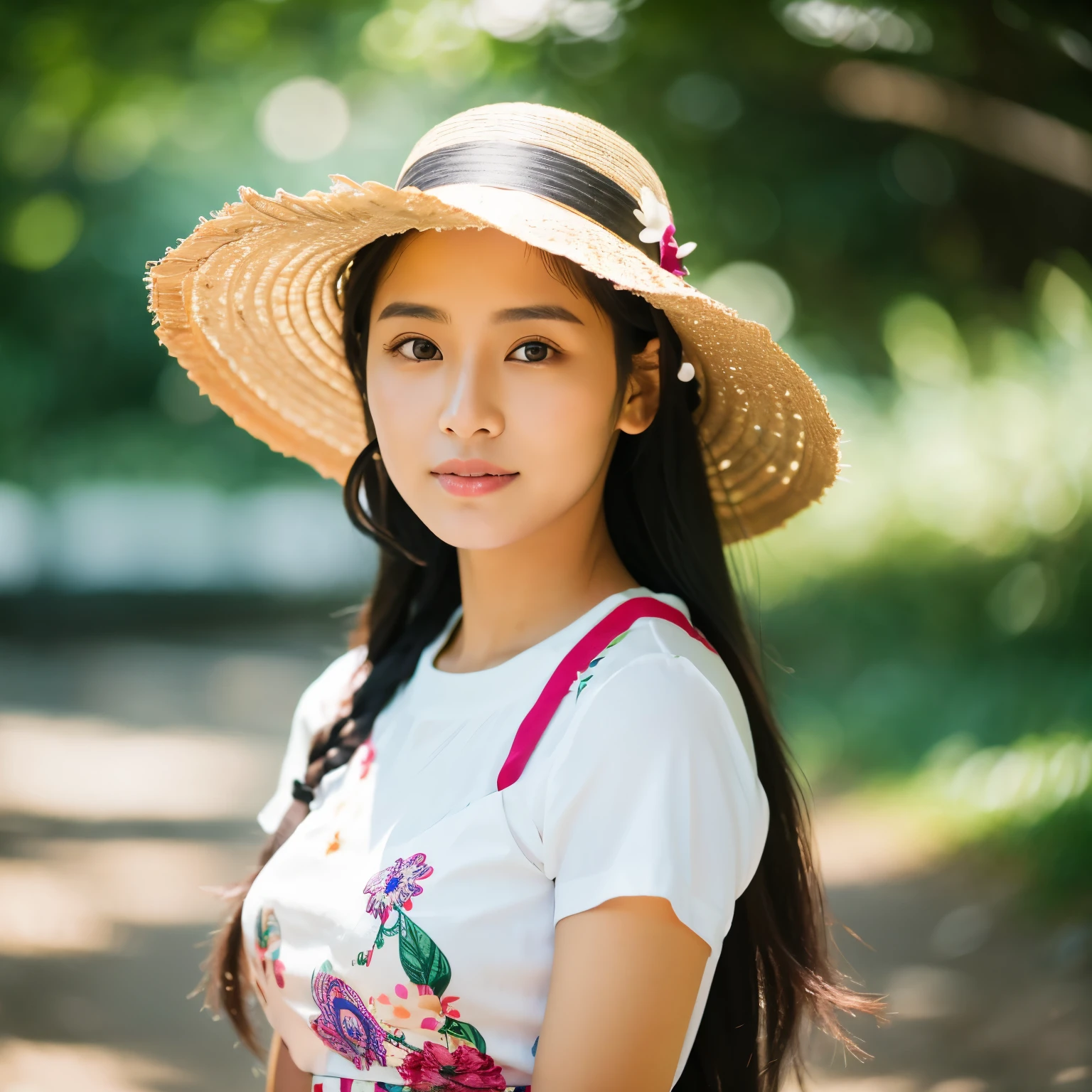 professional photography of a beautiful Asian girl in summer clothes with long straight black hair, pele muito clara, olhar inocente, beautiful symmetrical face, linda maquiagem natural