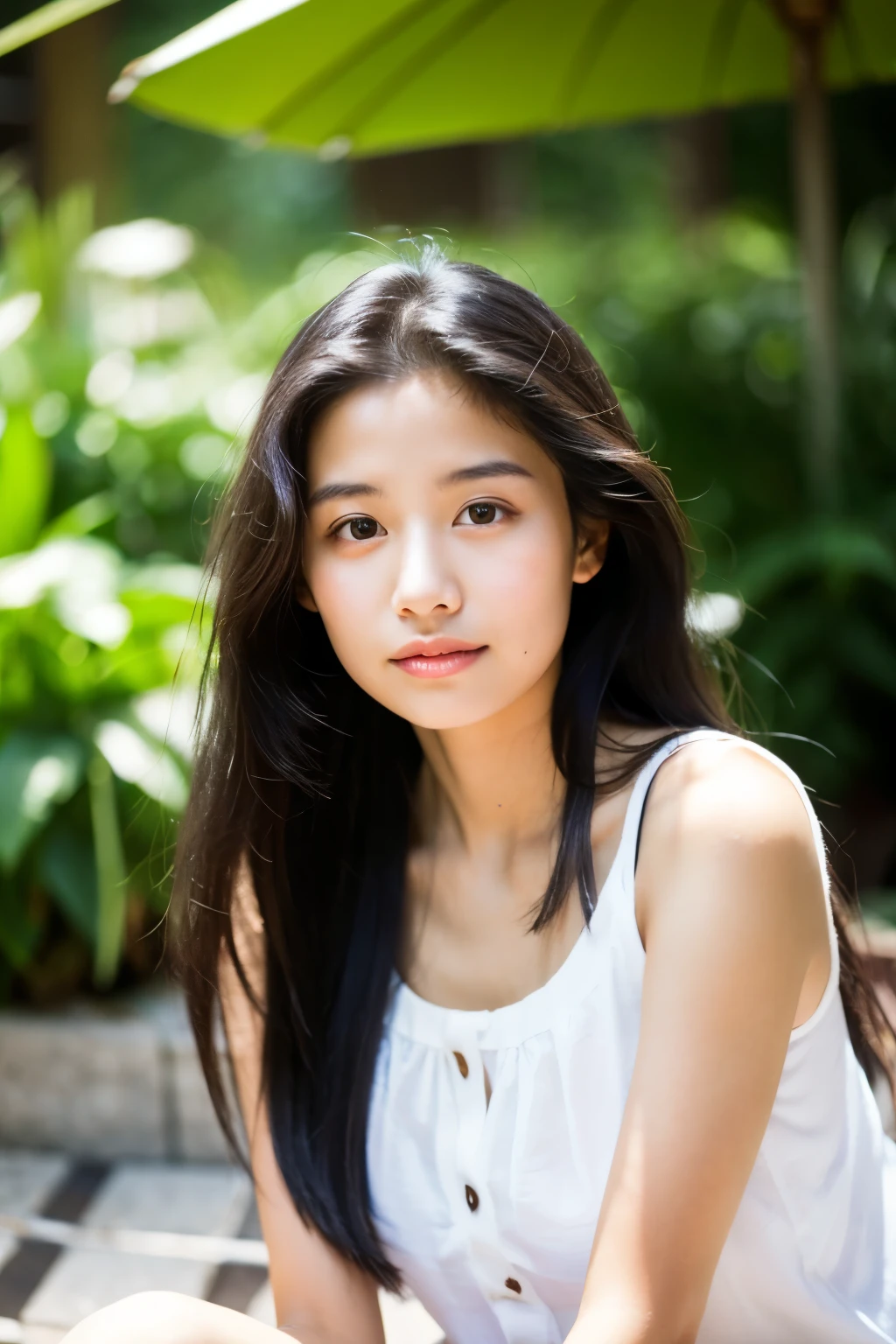 professional photography of a beautiful Asian girl in summer clothes with long straight black hair, pele muito clara, olhar inocente, beautiful symmetrical face, linda maquiagem natural