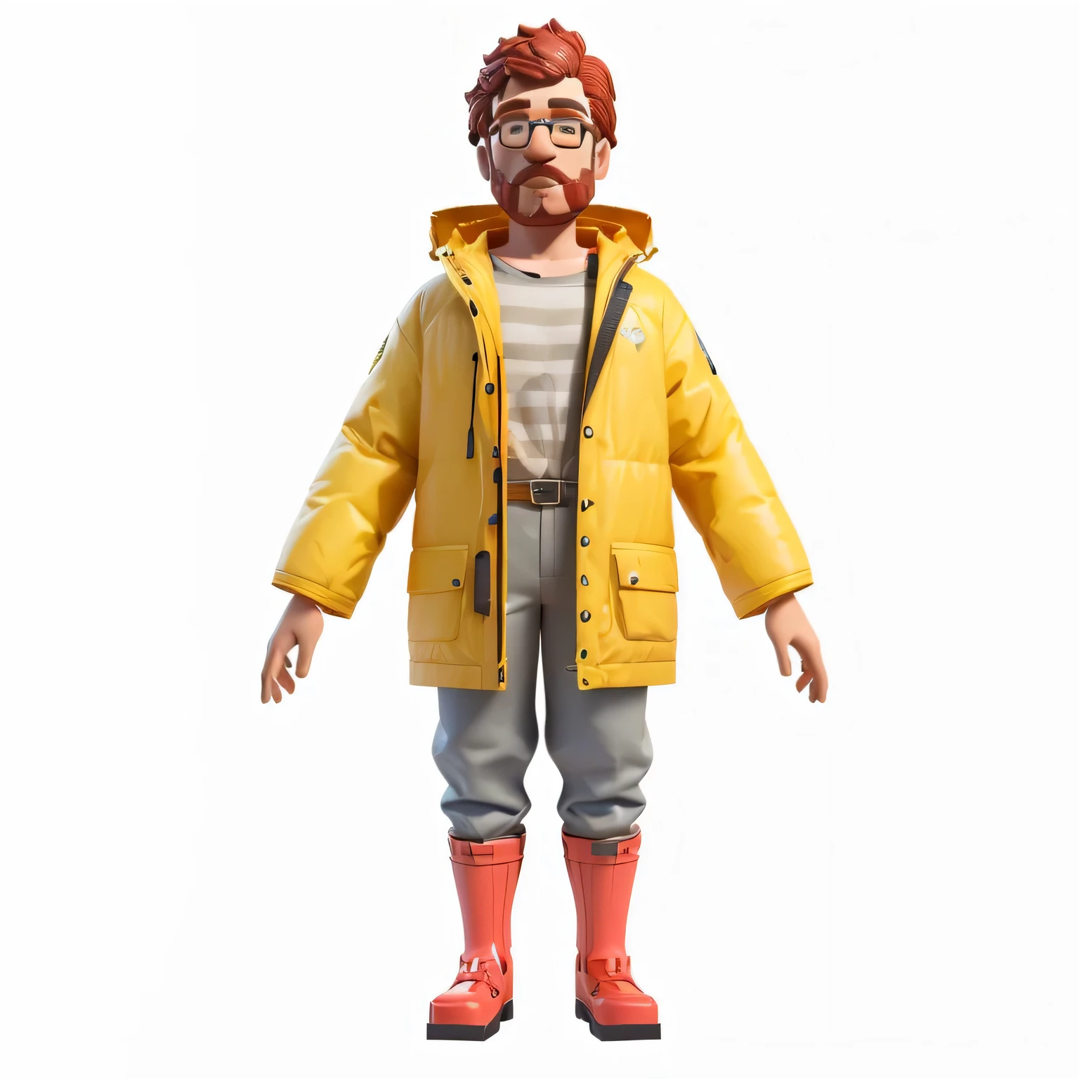 um close de uma figura de brinquedo de um homem vestindo uma capa de chuva amarela, Personagem 3D, personagem 3D, personagem de corpo inteiro, personagem 3D render, design de personagens da Aardman, personagem 3D concept, personagem completo, retrato de corpo inteiro do personagem, animation character, personagem de corpo inteiro portrait, personagem estilizado, full body unique character, Stylized 3D rendering