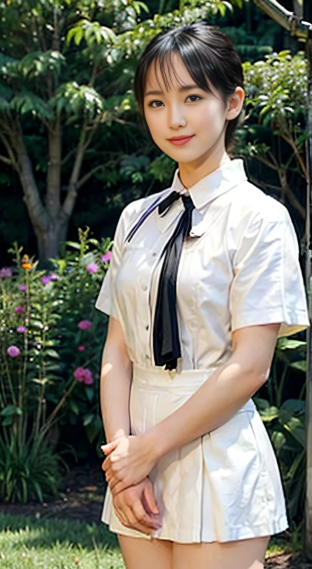 (20-year-old princess,is standing), (A hyper-realistic), (masutepiece), ((short-hair:1.46)), (Smooth black hair), (Breast:1.0), (kindly smile:0.9), (wearing school summer uniform,white shirt:1.46), beautiful garden Palace, Orange Lipstick, arms at sides,
