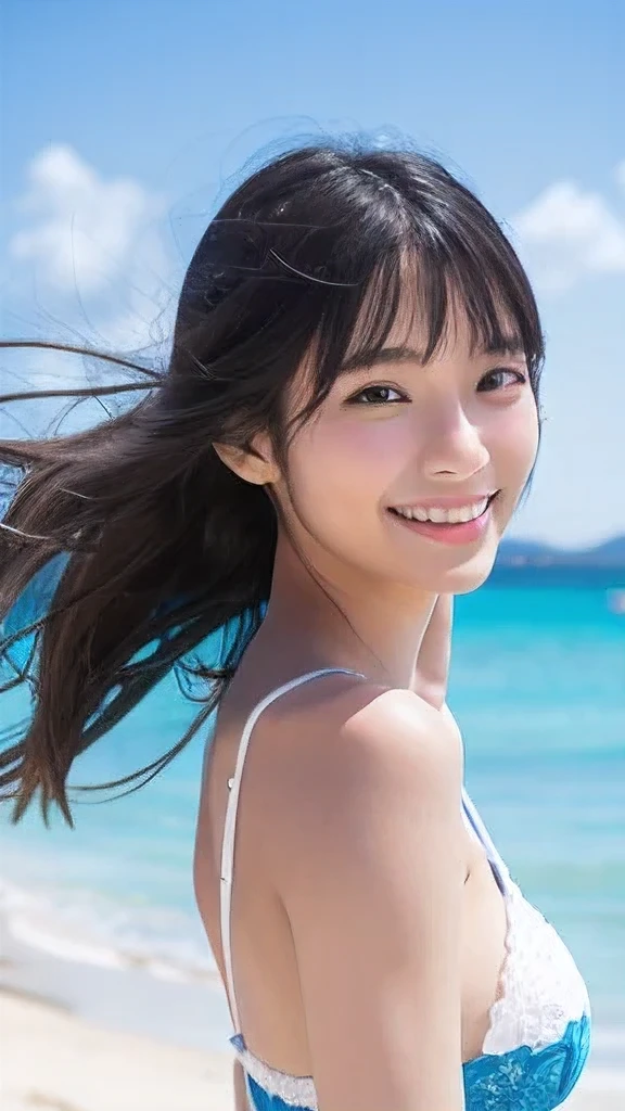 Japanese、18-year-old、Very slim、((Smiling))、blue sea、White sand beach