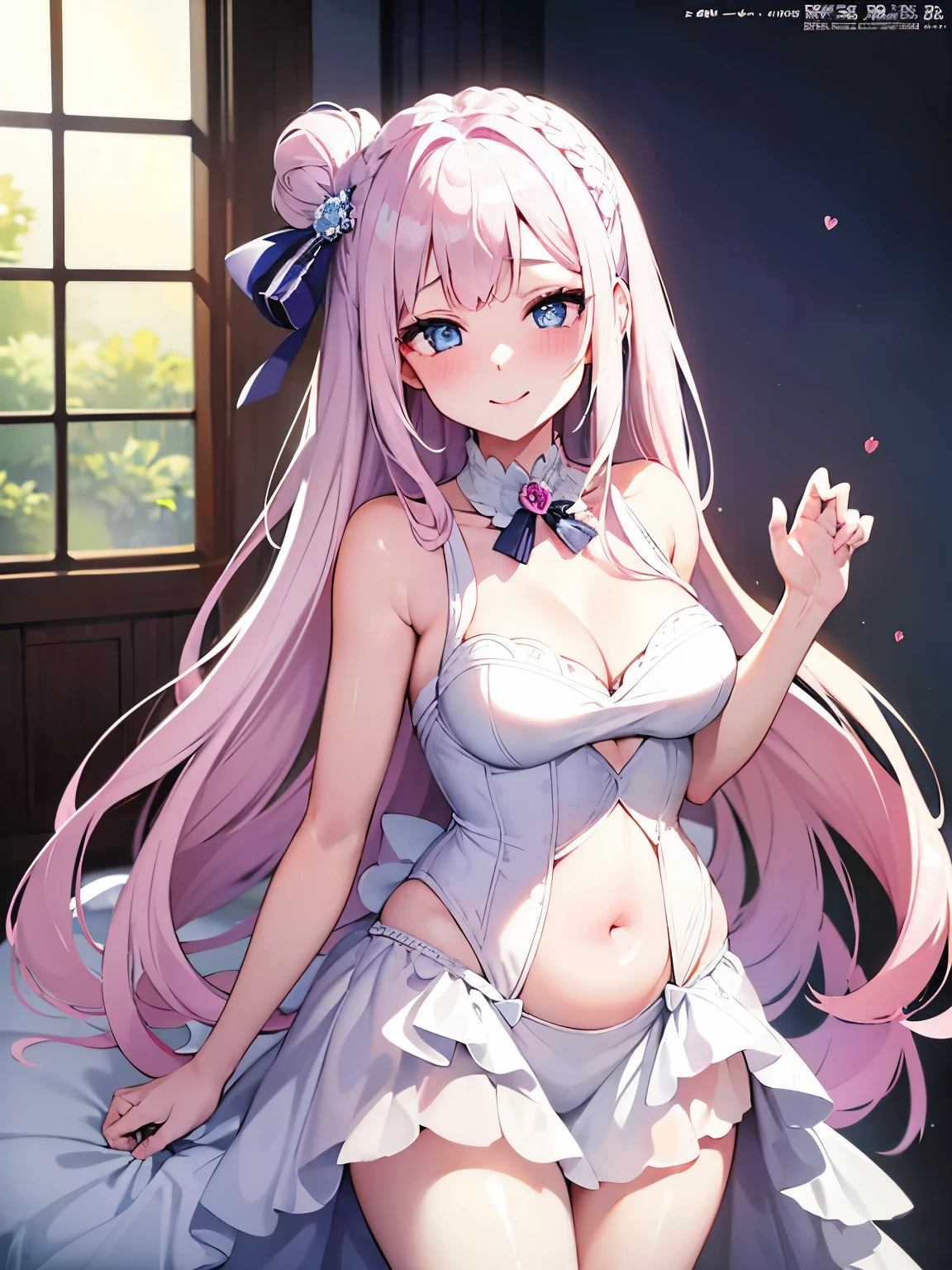 masterpiece , best quality , high resolution , cute , 1girl , pale skin , straight hair ,(megami magazine) , , plump , smile , embarrassed , Blue eyes , heart shaped pupils , very long hair , braided bangs , two-tone hair . pink white hair , Wedding dress ribbon