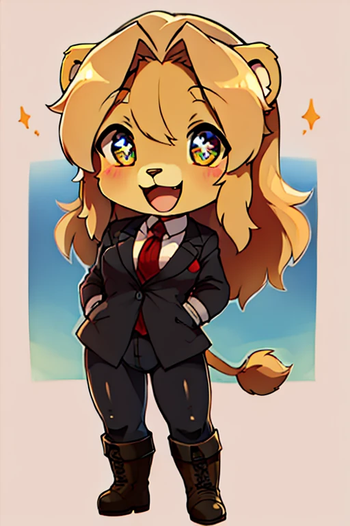 boy, lion, furry, bodyfur, blazer, bottomless, tights, gloves, boots, chibi, happy, sparkling eyes