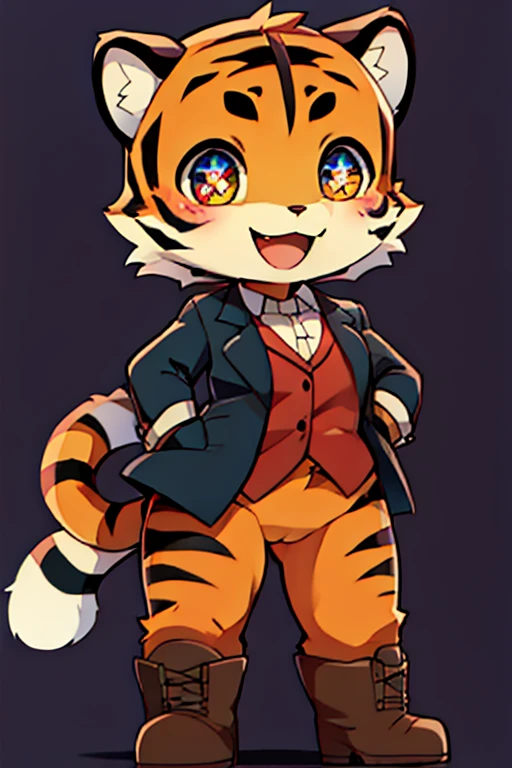 boy, tiger, furry, bodyfur, blazer, bottomless, tights, gloves, boots, chibi, happy, sparkling eyes