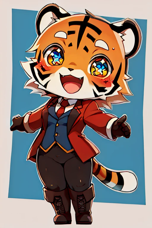 boy, tiger, furry, bodyfur, blazer, bottomless, tights, gloves, boots, chibi, happy, sparkling eyes