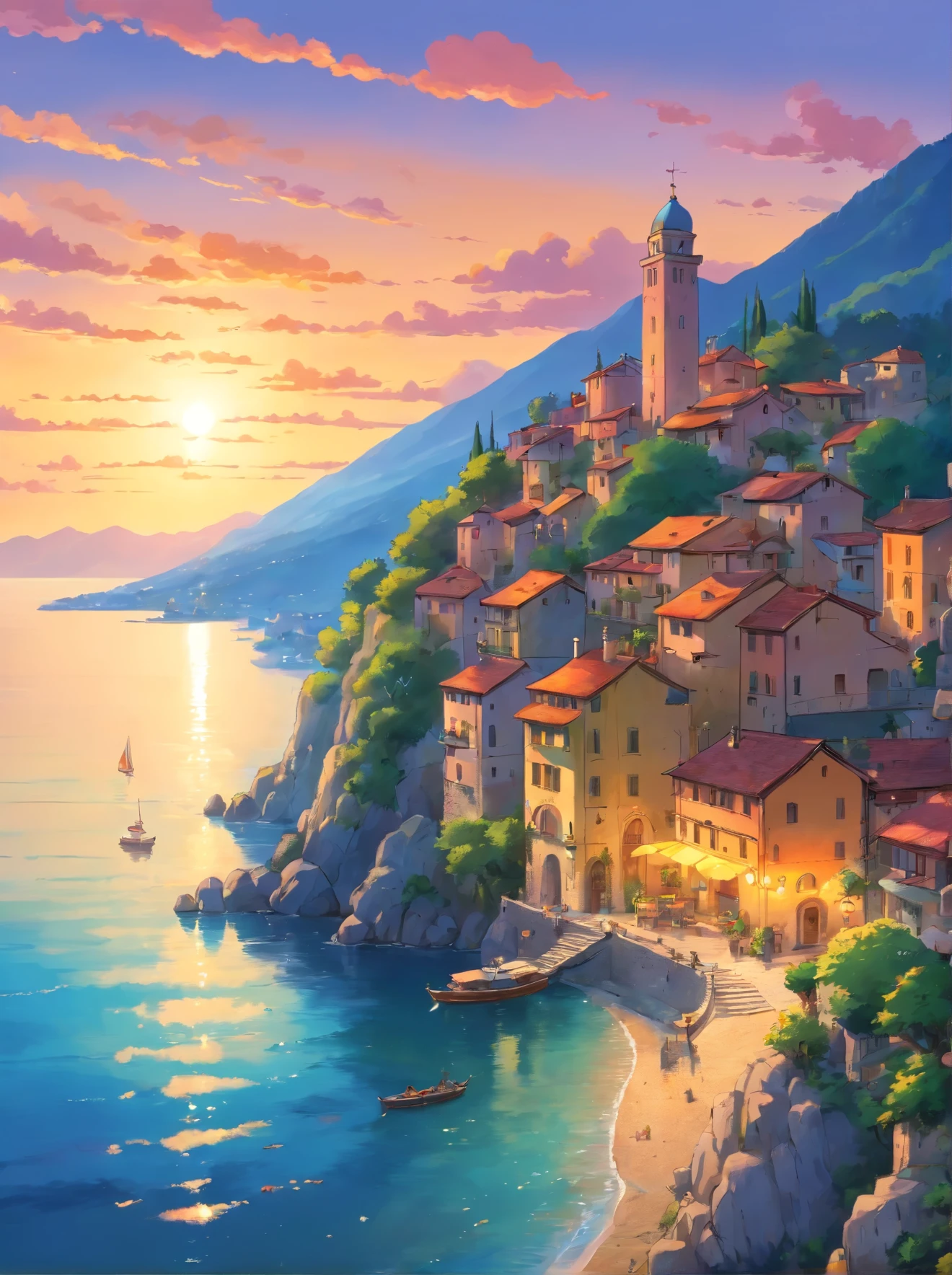 A beautiful and charming Italian village by the shore of lake Cuomo, Italy, sunset, lights on, dramatic lighting