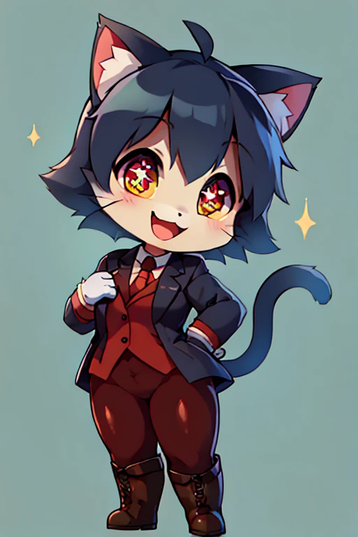 boy, cat, furry, bodyfur, blazer, bottomless, tights, gloves, boots, chibi, happy, sparkling eyes