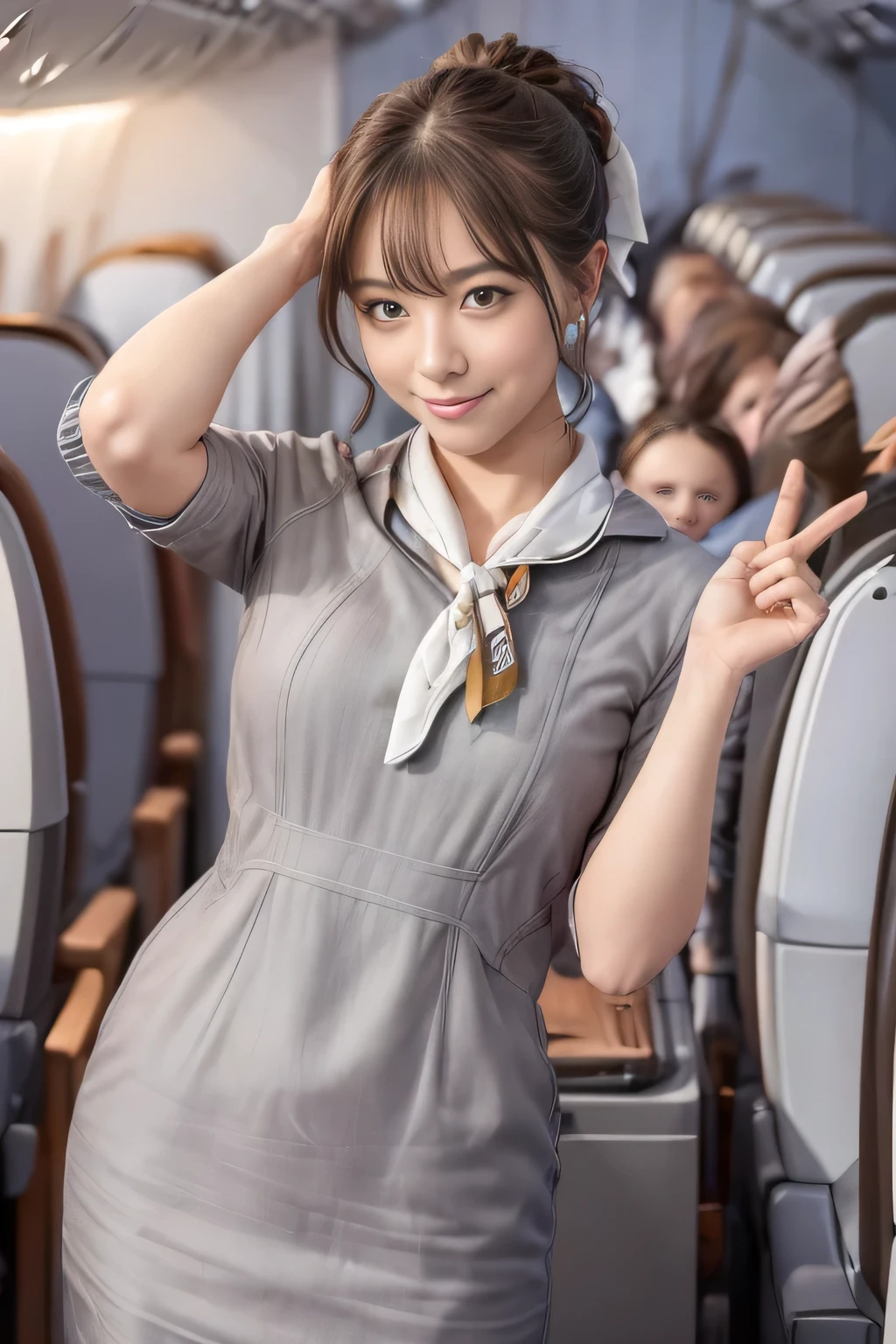 (masterpiece:1.2、highest quality:1.2)、32K HDR、High resolution、(alone、1 girl、Slim figure)、（Realistic style with Starlux Airlines uniform）、 (On board a passenger aircraft, Professional Lighting)、A proper woman, Beautiful Face,、（Starlux Airlines silver uniform:1.4）、（Starlux Airlines silver uniform with short sleeves）、（scarf on chest）、Big Breasts、（Long hair updo、Chignon）、Dark brown hair、Long Shot、（（Fine hand：2.0））、（（Harmonious body proportions：1.5））、（（Normal limbs：2.0））、（（Normal finger：2.0））、（（Delicate eyes：2.0））、（（Normal eyes：2.0））)、Beautiful standing posture、smile