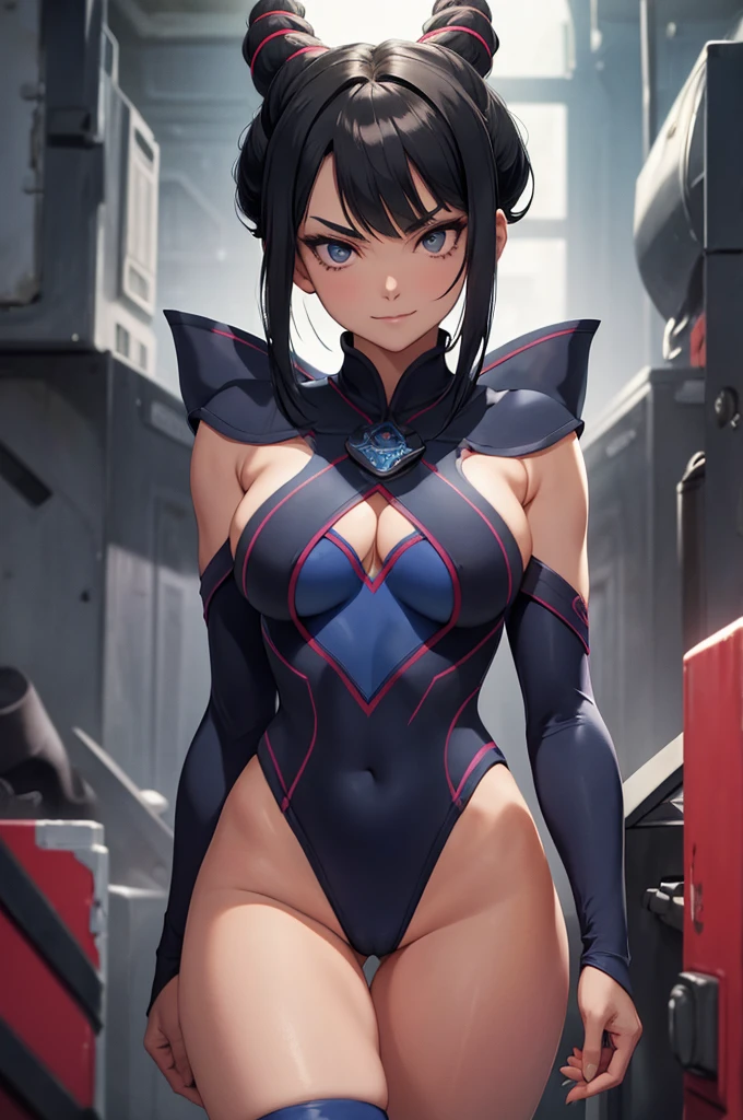 melhor qualidade,roupa azul,chun li,solo, masterpiece, best quality, agrias, grey sweater, black leotard, standing, looking at viewer, short hair,oculos,evil smile, evil look,luvas preta,roupa azul,yandere rosto,low lighting,coxa sarada copo detalhado,olhando para frente juri han,bela,mao detalhada
