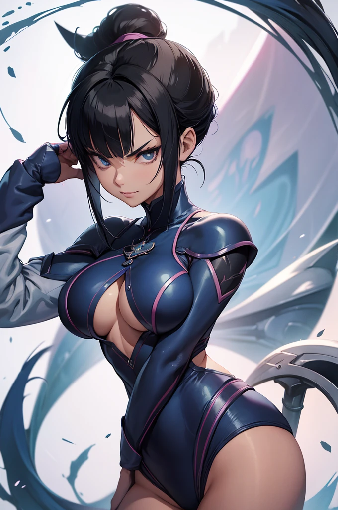 melhor qualidade,roupa azul,chun li,solo, masterpiece, best quality, agrias, grey sweater, black leotard, standing, looking at viewer, short hair,oculos,evil smile, evil look,luvas preta,roupa azul,yandere rosto,low lighting,coxa sarada copo detalhado,olhando para frente juri han,bela,mao detalhada