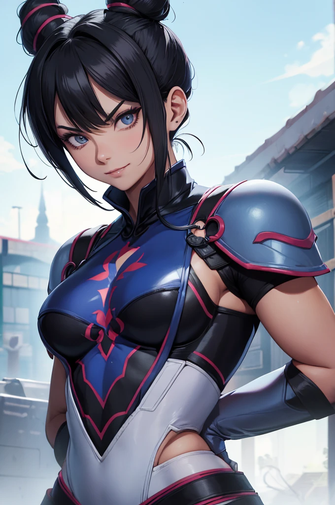melhor qualidade,roupa azul,chun li,solo, masterpiece, best quality, agrias, grey sweater, black leotard, standing, looking at viewer, short hair,oculos,evil smile, evil look,luvas preta,roupa azul,yandere rosto,low lighting,coxa sarada copo detalhado,olhando para frente juri han,bela,mao detalhada