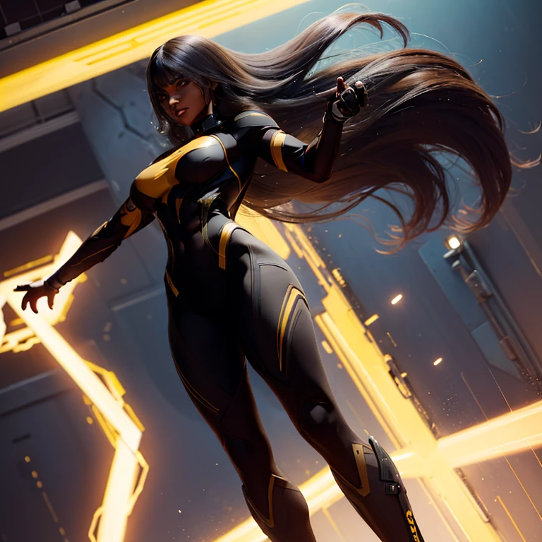 A muscle black skined girl with a yellow tight superhero suit. The suit covers her full body and it has a lightning silhouette in red color in her chest. Her face is uncovered. Her hair is black. Her eyes are green. She is flying.