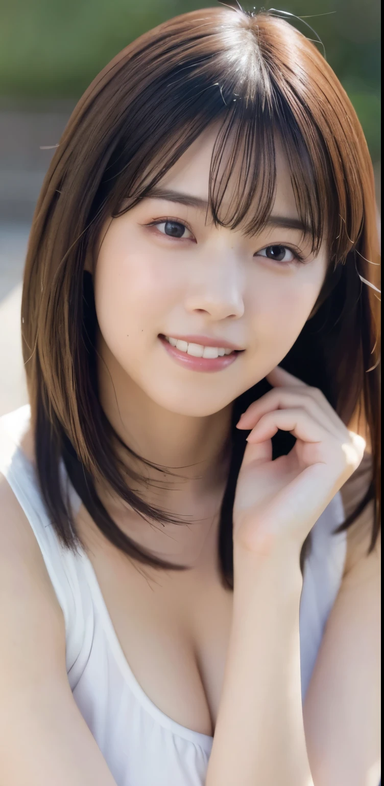 (8k), (highest quality: 1.2), (Realistic), (Realistic: 1.37), Ultra-high resolution, 1 girl, Head to knee photo、cute, smile, Mouth closed, Beautiful details, Beautiful Nose, whole body, Wet Hair, Large Breasts、Saggy breasts、Soft Breasts、Overflowing breasts、Voluptuous thighs、dolly make、Odd Eye、Heterochromia iridis
