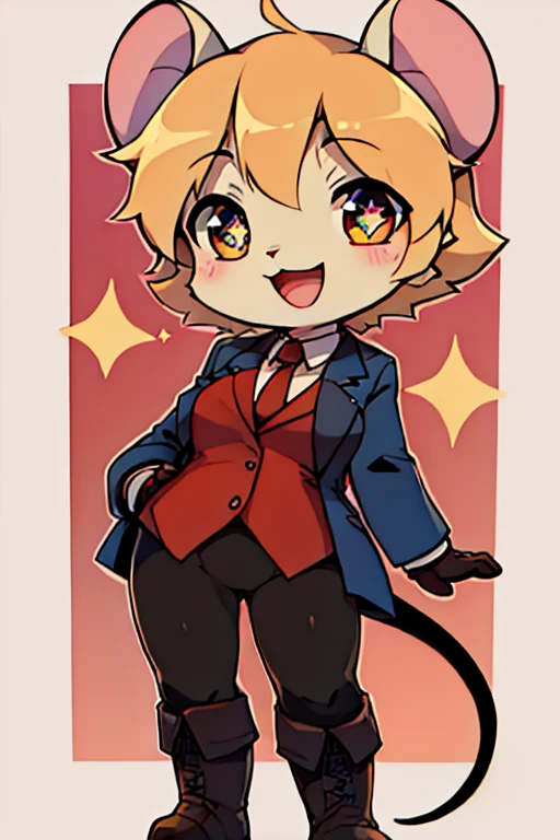 boy, mouse, furry, bodyfur, blazer, bottomless, tights, gloves, boots, chibi, happy, sparkling eyes