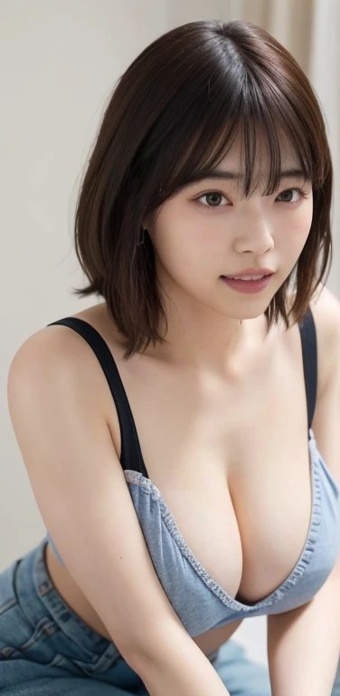 (8k), (highest quality: 1.2), (Realistic), (Realistic: 1.37), Ultra-high resolution, 1 girl, Head to knee photo、cute, smile, Mouth closed, Beautiful details, Beautiful Nose, Voluptuous body、whole body, Wet Hair, Large Breasts、Saggy breasts、Soft Breasts、Overflowing breasts、Voluptuous thighs、dolly make、Odd Eye、Heterochromia iridis