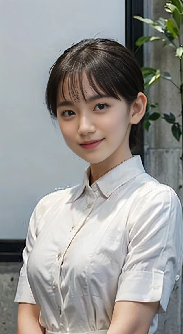 (20-year-old princess,is standing), (A hyper-realistic), (masutepiece), ((short-hair:1.46)), (Smooth black hair), (Breast:1.0), (kindly smile:0.9), (wearing school summer uniform,white shirt:1.46), heigh_school classroom, , Orange Lipstick, arms at sides,