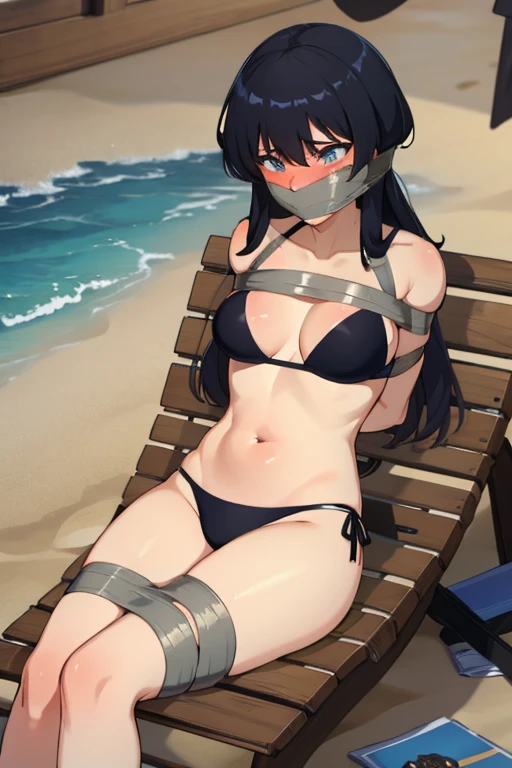 1 girl, detailed eyes, detailed beautiful face, Long black hair, body long hair, improvisierter Knebel, (Klebebandknebel:1.5), GEKNEBELT, Klebeband, festgebunden, Arms behind the back, gefesselte Arme, schwarzer Bikini, (blushing:1.2), Tape gag, sitting on a beach Chair, sitting in a small cabin with a door and a window, beach in the background, big , shy