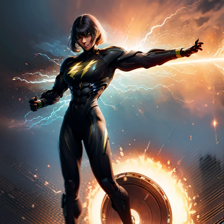 A muscle black skined girl with a yellow tight superhero suit. The suit covers her full body and it has a lightning silhouette in red color in her chest. Her face is uncovered. Her hair is black. Her eyes are green. She is flying. 
