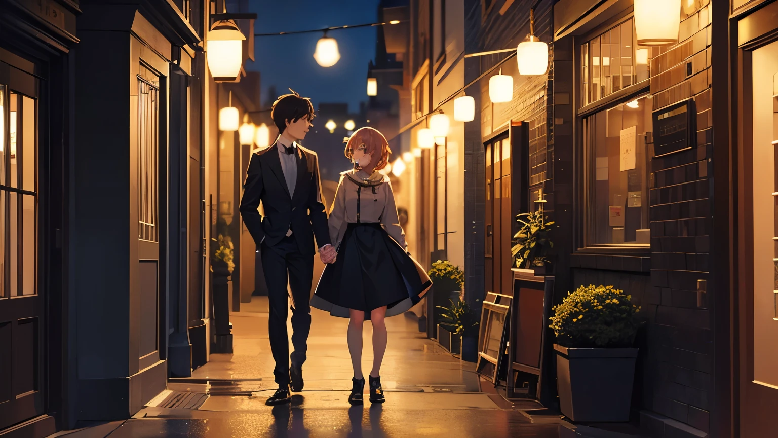 two people standing in a city together at night, in the style of whimsical anime, light amber, festive atmosphere, 32k uhd, harriet backer, hallyu, gray and brown --ar 128:71 --v 5.2