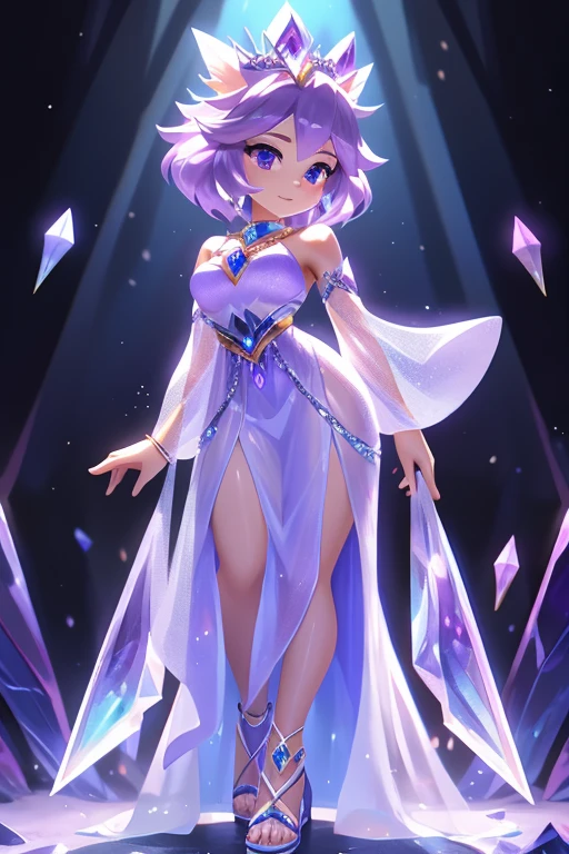 Nome: Crystalis
Poder: Crystal manipulation and ability to create protective shields Cor: Translucent lilac with touches of silver Clothing: A long, flowing dress in translucent lilac, com detalhes prateados que lembram fragmentos de cristal. Silver sandals with shiny details.
accessories: A lilac crystal crown and drop earrings with precious stones.
Personagem 4: