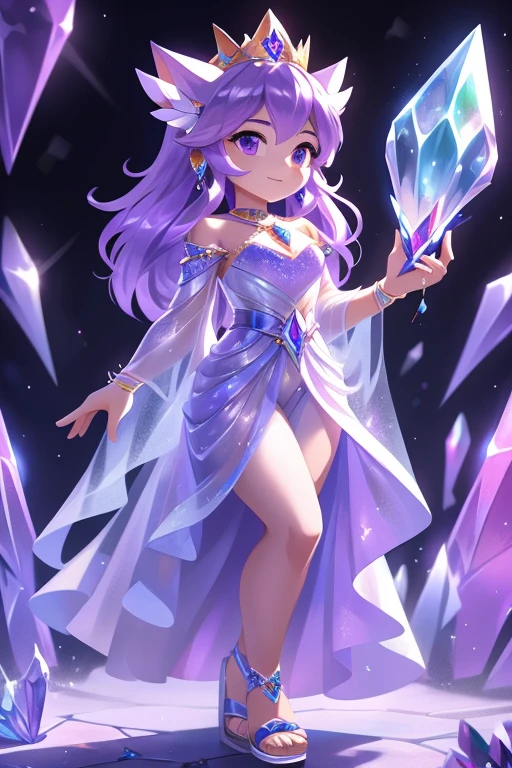 older woman with light purple hair, purple eyes, foxtails, in a long rainbow dress, a crystal crown on her head, and crystals in the background