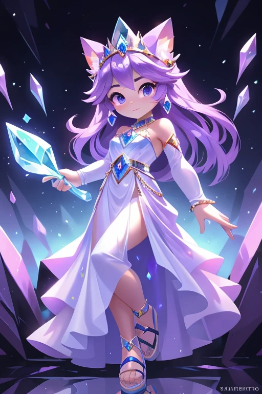 Nome: Crystalis
Poder: Crystal manipulation and ability to create protective shields Cor: Translucent lilac with touches of silver Clothing: A long, flowing dress in translucent lilac, com detalhes prateados que lembram fragmentos de cristal. Silver sandals with shiny details.
accessories: A lilac crystal crown and drop earrings with precious stones.
Personagem 4:
