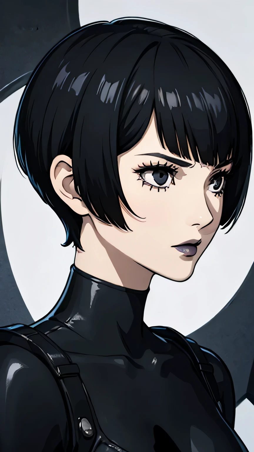 1girl, serious face, lipstick, very Short hair, white hair, black eyes, portrait, Pixie hair cut, battle suit, black choker, Black lipstick