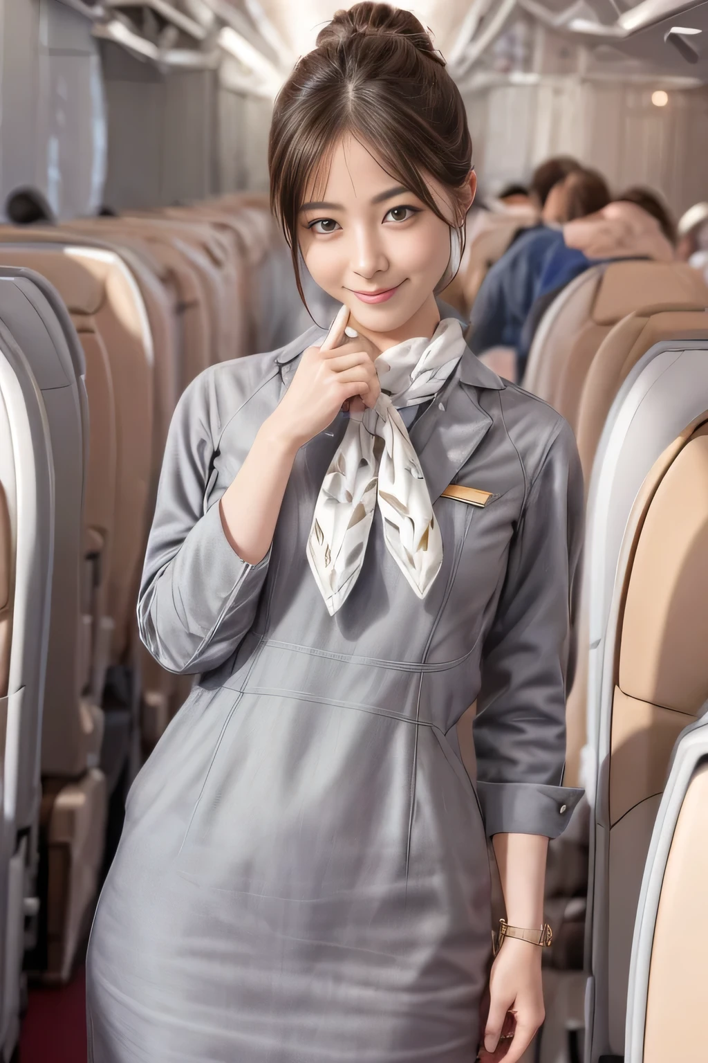 (masterpiece:1.2、highest quality:1.2)、32K HDR、High resolution、(alone、1 girl、Slim figure)、（Realistic style with Starlux Airlines uniform）、 (On board a passenger aircraft, Professional Lighting)、A proper woman, Beautiful Face,、（Starlux Airlines silver uniform:1.4）、（Starlux Airlines silver uniform with short sleeves）、（scarf on ）、、（Long hair updo、Chignon）、Dark brown hair、Long Shot、（（Fine hand：2.0））、（（Harmonious body proportions：1.5））、（（Normal limbs：2.0））、（（Normal finger：2.0））、（（Delicate eyes：2.0））、（（Normal eyes：2.0））)、Beautiful standing posture、smile