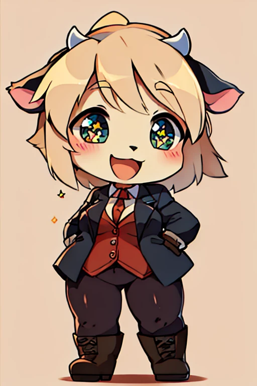 boy, cow, furry, bodyfur, blazer, bottomless, tights, gloves, boots, chibi, happy, sparkling eyes