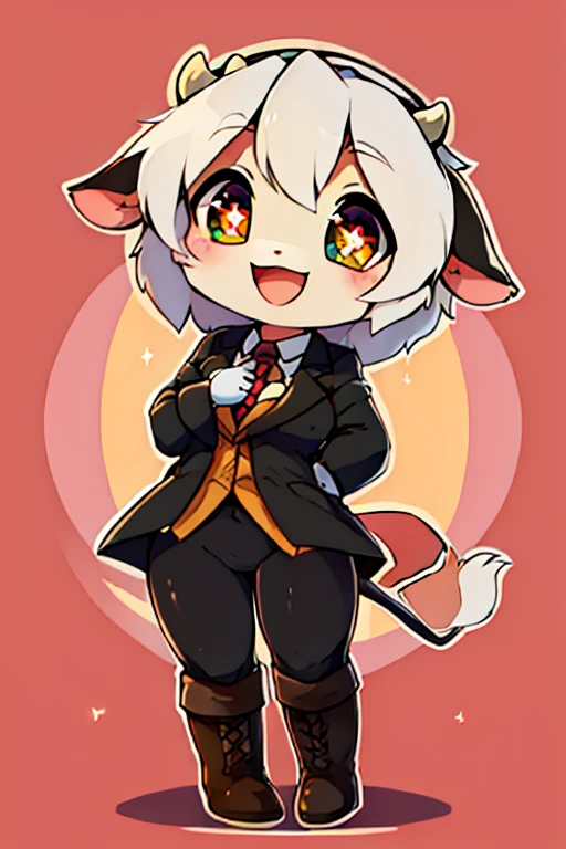 boy, cow, furry, bodyfur, blazer, bottomless, tights, gloves, boots, chibi, happy, sparkling eyes