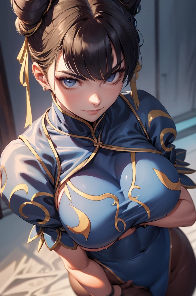 melhor qualidade,roupa azul,chun li,solo, masterpiece, best quality, agrias, grey sweater, black leotard, standing, looking at viewer, short hair,oculos,evil smile, evil look,luvas preta,roupa azul,yandere rosto,low lighting,coxa sarada copo detalhado,olhando para frente juri han,bela,mao detalhada