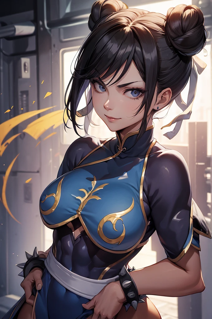 melhor qualidade,roupa azul,chun li,solo, masterpiece, best quality, agrias, grey sweater, black leotard, standing, looking at viewer, short hair,oculos,evil smile, evil look,luvas preta,roupa azul,yandere rosto,low lighting,coxa sarada copo detalhado,olhando para frente juri han,bela,mao detalhada